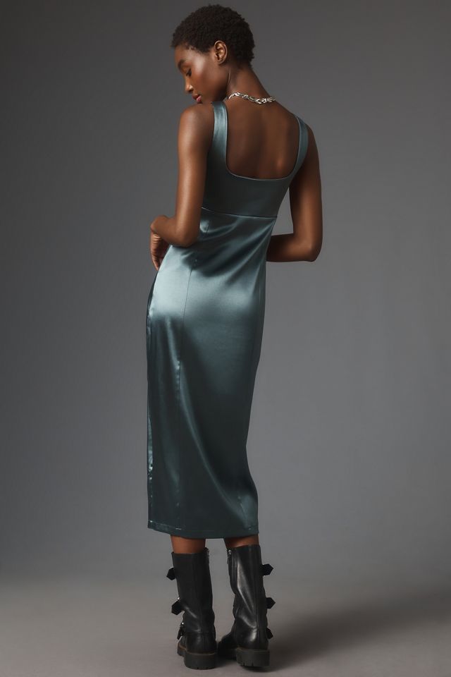 anthropologie green satin dress Maeve Square-Neck Satin Stretch Midi Dress