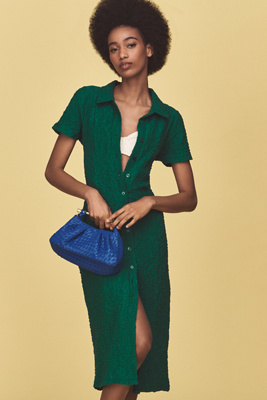 By Anthropologie Short-sleeve Collared Textured Midi Shirt Dress In Green