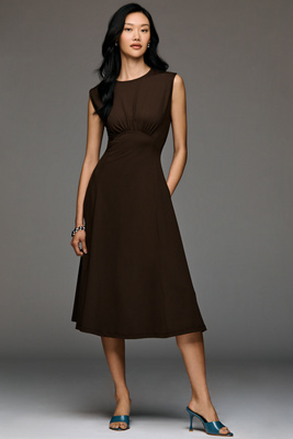 Maeve Sleeveless Ruched Babydoll Midi Dress In Brown