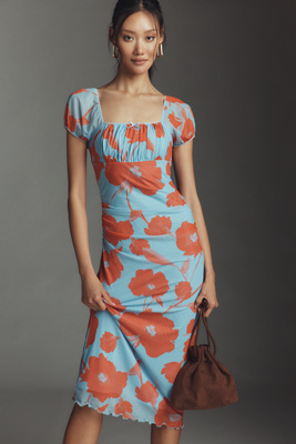 Puff-Sleeve Square-Neck Mesh Midi Dress