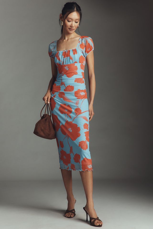 メイフラワー Maeve Puff-Sleeve Square-Neck Mesh Midi Dress | Anthropologie