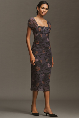Maeve Puff-Sleeve Square-Neck Mesh Midi Dress | Anthropologie