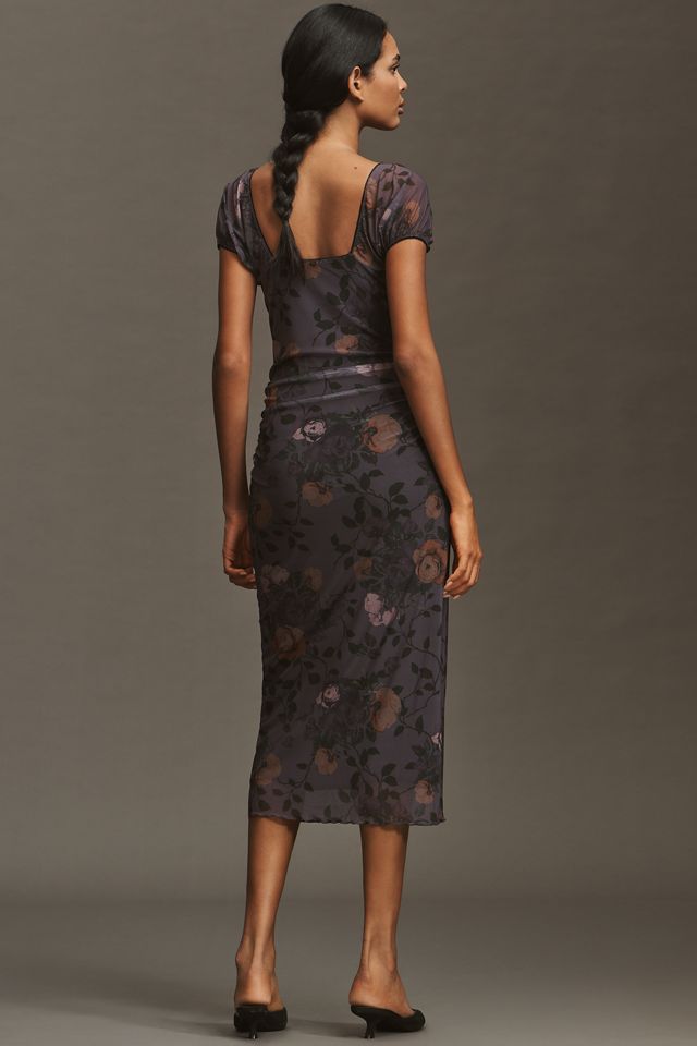 Maeve Puff-Sleeve Square-Neck Mesh Midi Dress