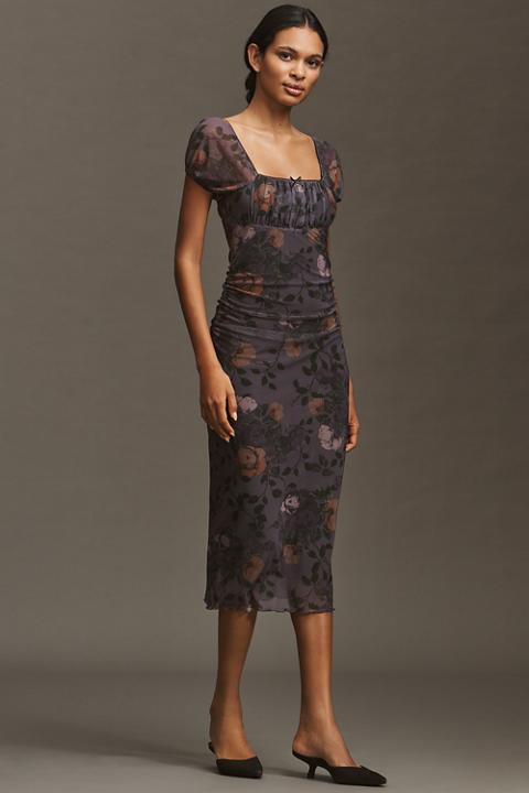 Maeve Puff-Sleeve Square-Neck Mesh Midi Dress