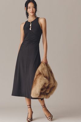 By Anthropologie Sleeveless Hardware Ruched Midi Dress In Black