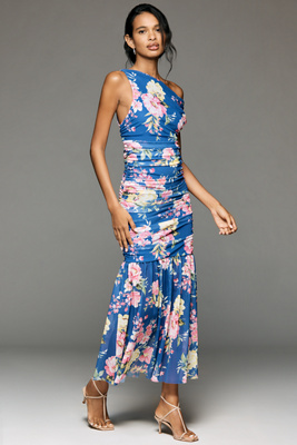 Off-Shoulder Printed Mesh Maxi Dress by Anthropologie in Blue, Size: XL