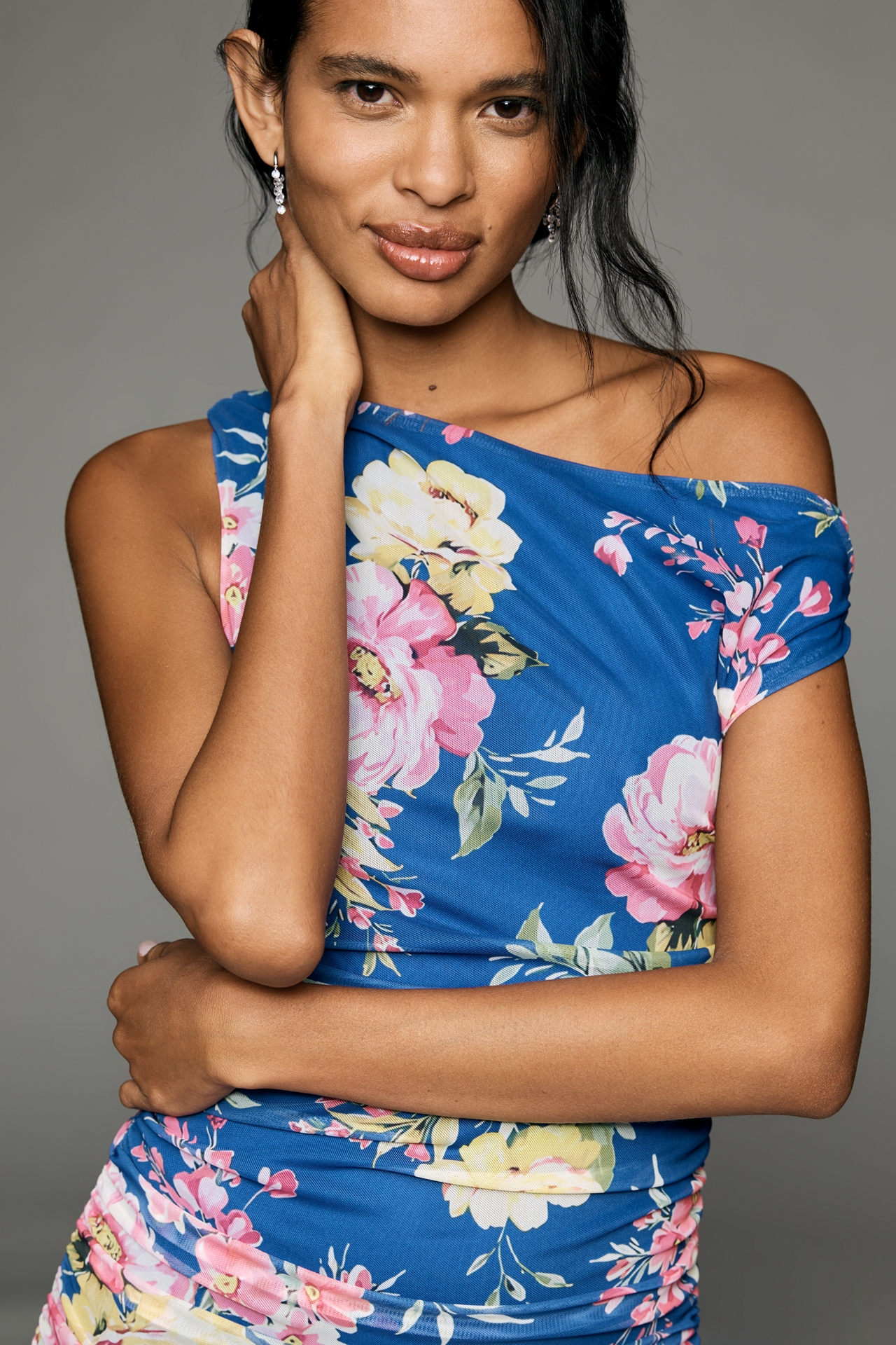 By Anthropologie Off-Shoulder Printed Mesh Maxi Dress
