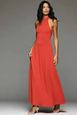 By Anthropologie Halter Open-Back A-Line Maxi Dress