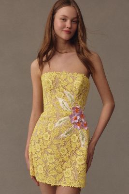 Shop Helsi Elena Strapless 3d Floral Structured Lace Mini Dress In Yellow