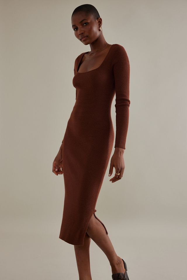 Nobody's Child Slim Vestido midi de punto de manga larga con cuello cuadrado #3