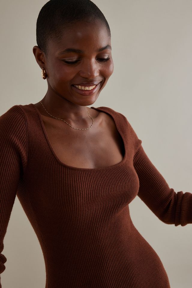 Nobody's Child Slim Vestido midi de punto de manga larga con cuello cuadrado #4