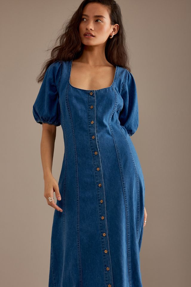 Nobody's Child Puff-Sleeve Denim Midi Dress | Anthropologie UK