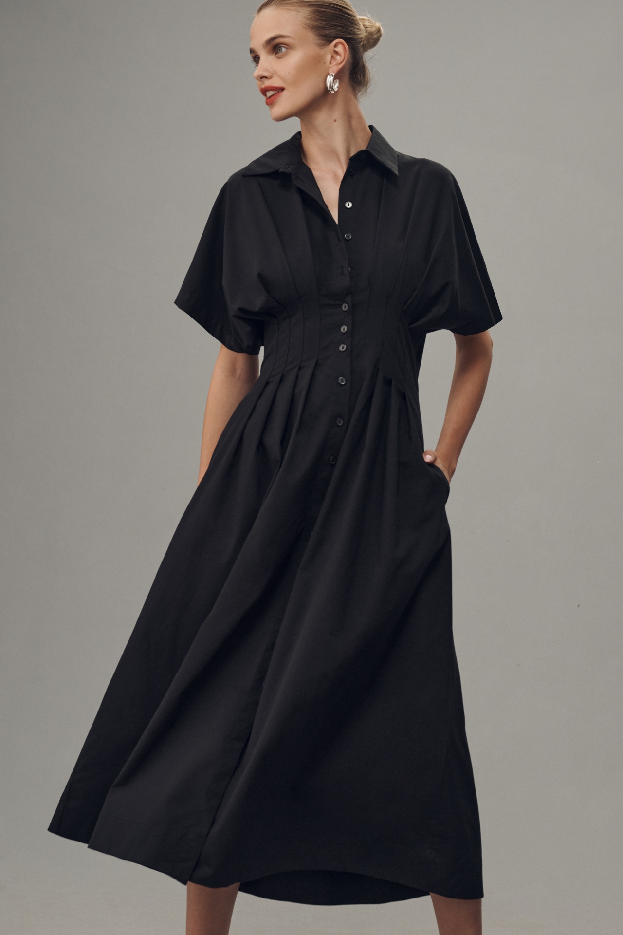 The Tobie Button-Front Pleated Shirt Dress by Exquise