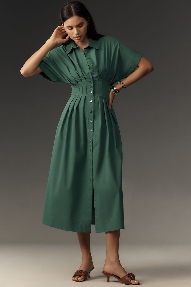 The Tobie Button-Front Pleated Shirt Dress by Exquise
