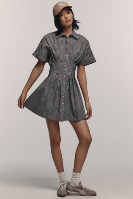 Maeve Belted Bubble-Hem Mini Shirt Dress