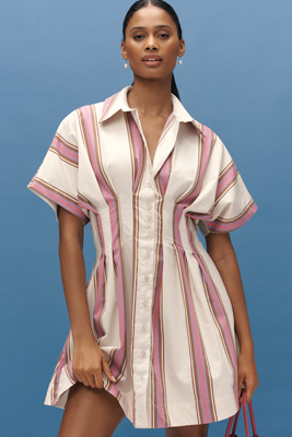 anthropologie The Tobie Mini Shirt Dress by Exquise Ivory & Pink Stripe