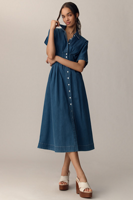 Shop Exquise The Tobie Button-front Pleated Shirt Dress By : Denim Edition In Blue