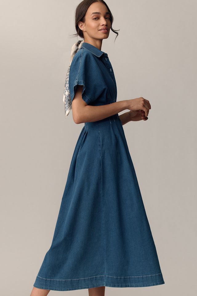 The Tommie Cap-Sleeve Smocked Front-Zip Shirt Dress: Mini Denim Edition