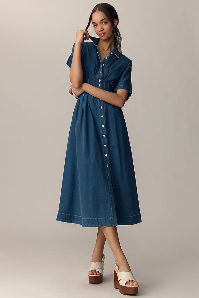 shirt dress denim Tiered Button Up Long Sleeve Medium / XL length skirt Women's Long-Sleeve Denim Shirt Dress