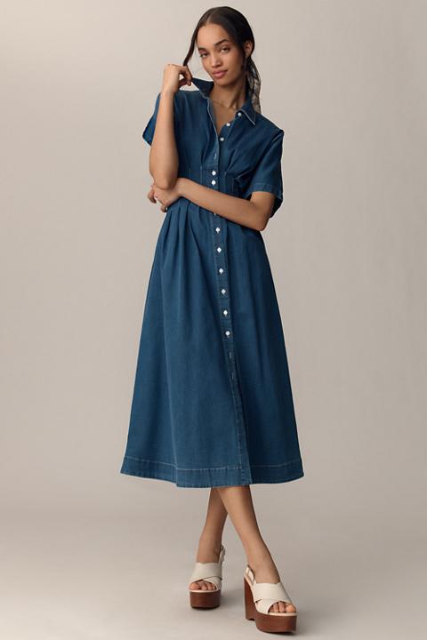 The Tobie Button-Front Pleated Shirt Dress by Exquise: Denim Edition