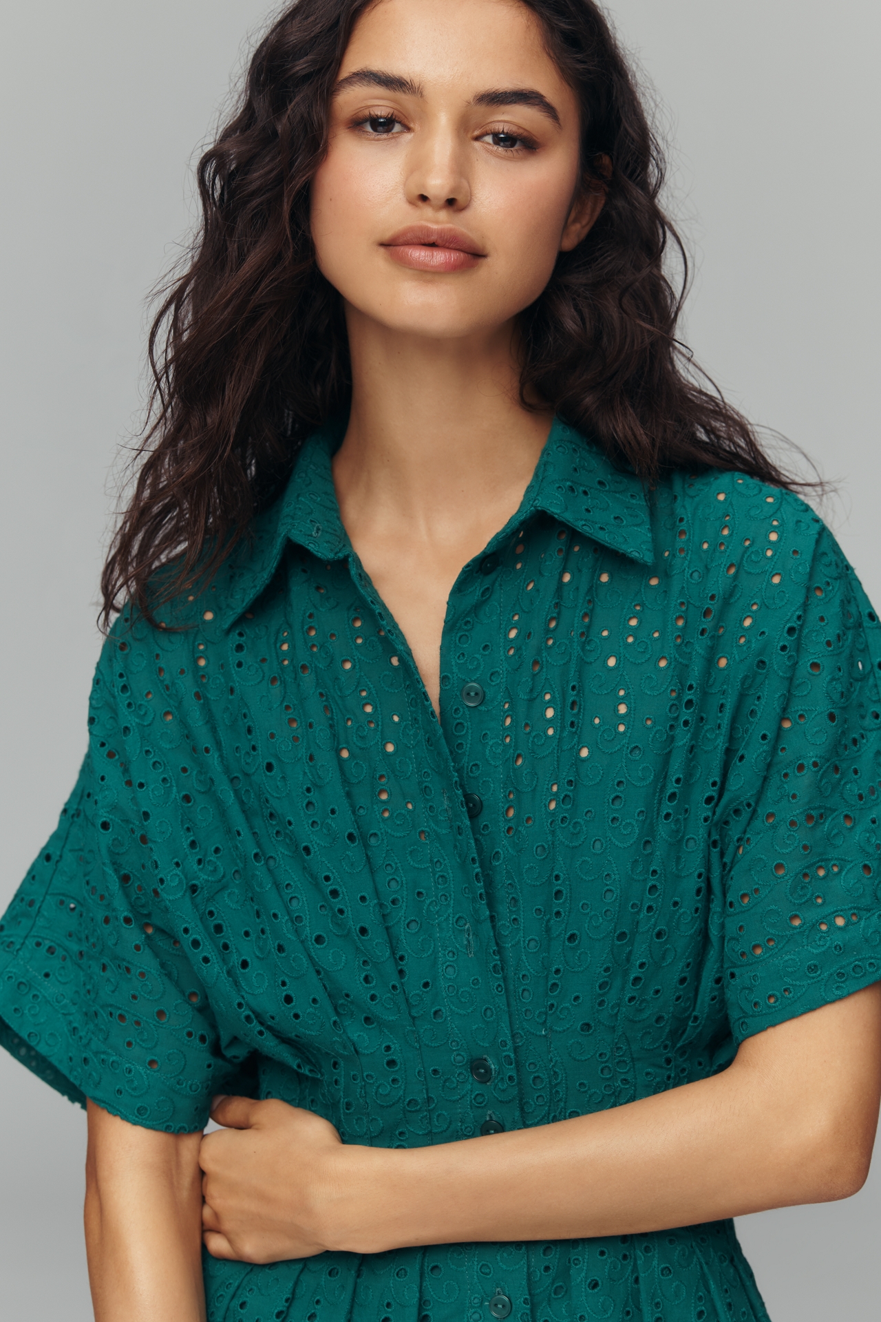 The Tobie Eyelet Mini Shirt Dress by Exquise