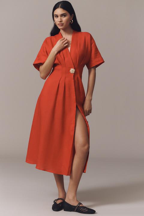 The Tobie Button-Front Pleated Shirt Dress by Exquise: Linen Edition
