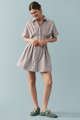 anthropologie The heynasreen Tobie Button-Front Pleated Mini Shirt Dress by Exquise Mocha Stripe