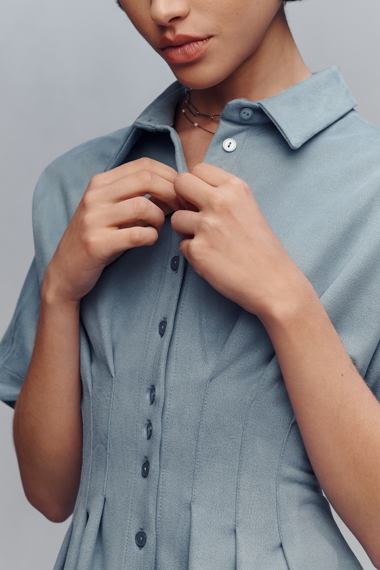 The Tobie Faux-Suede Mini Shirt Dress by Exquise