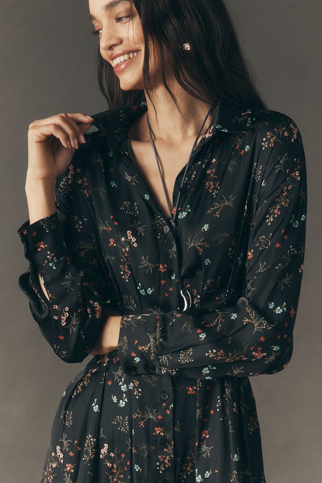 The Tobie Long-Sleeve Satin Mini Shirt Dress by Exquise | Anthropologie