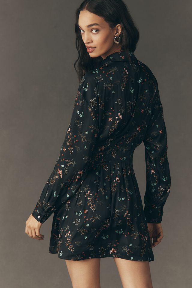 The Tobie Long-Sleeve Satin Mini Shirt Dress by Exquise | Anthropologie