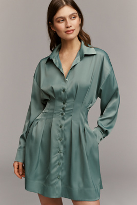 The Tobie Long-Sleeve Satin Mini Shirt Dress by Exquise