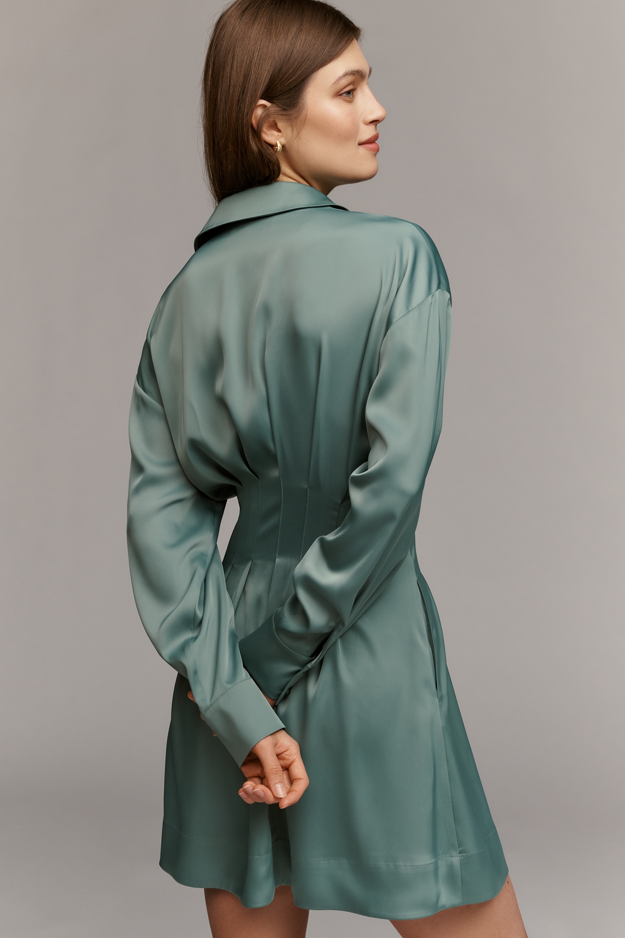 Tobie Long-Sleeve Satin Mini Shirt Dress by Exquise