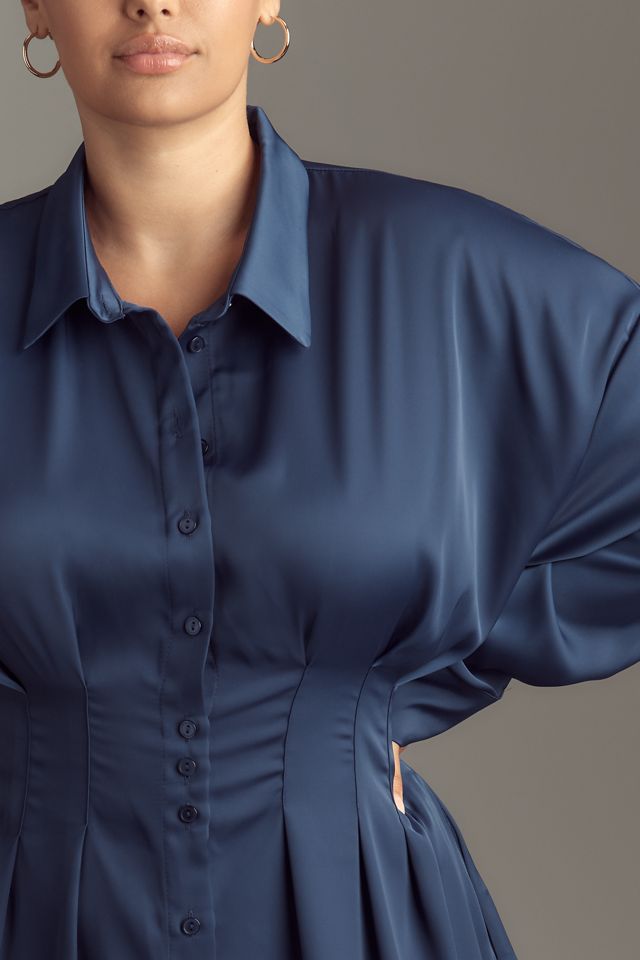 The Tobie Long-Sleeve Satin Mini Shirt Dress by Exquise #1