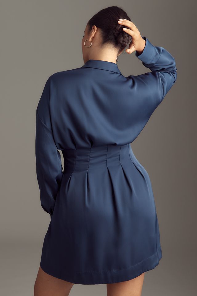 The Tobie Long-Sleeve Satin Mini Shirt Dress by Exquise #2