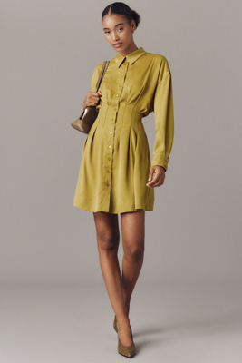 Exquise The Tobie Long-sleeve Satin Mini Shirt Dress By  In Gold