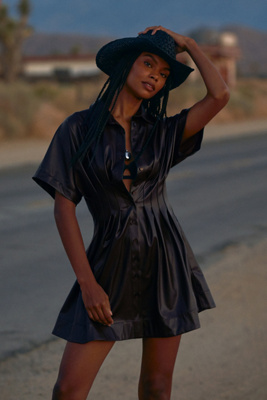 The Tobie Faux-Leather Mini Shirt Dress by Exquise product page