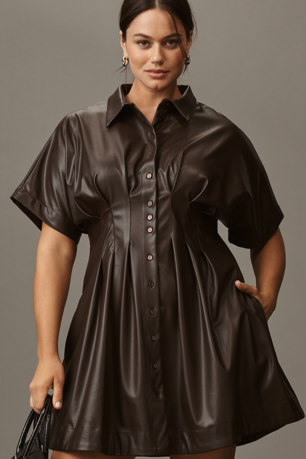 The Tobie Faux-Leather Mini Shirt Dress by Exquise