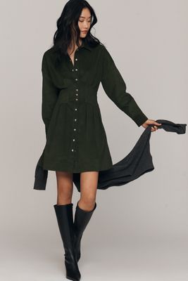 The Tobie Long-Sleeve Corduroy Mini Shirt Dress by Exquise