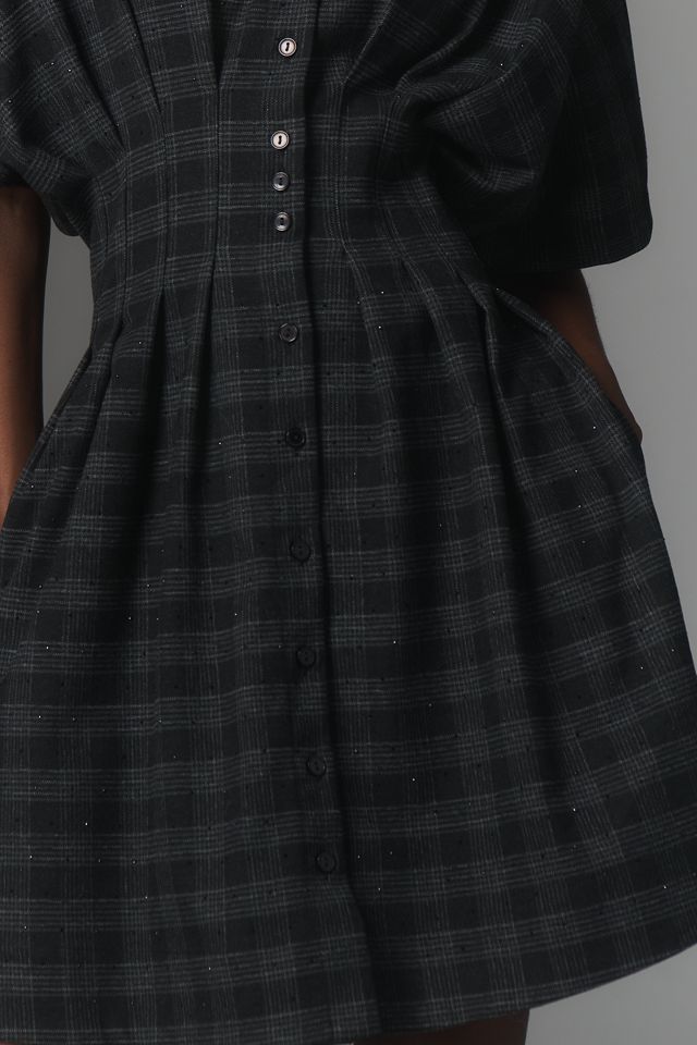Exquise Short-Sleeve Plaid Diamonte Mini Dress #1