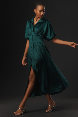 Exquise The Tobie Satin Shirt Dress By  In Green