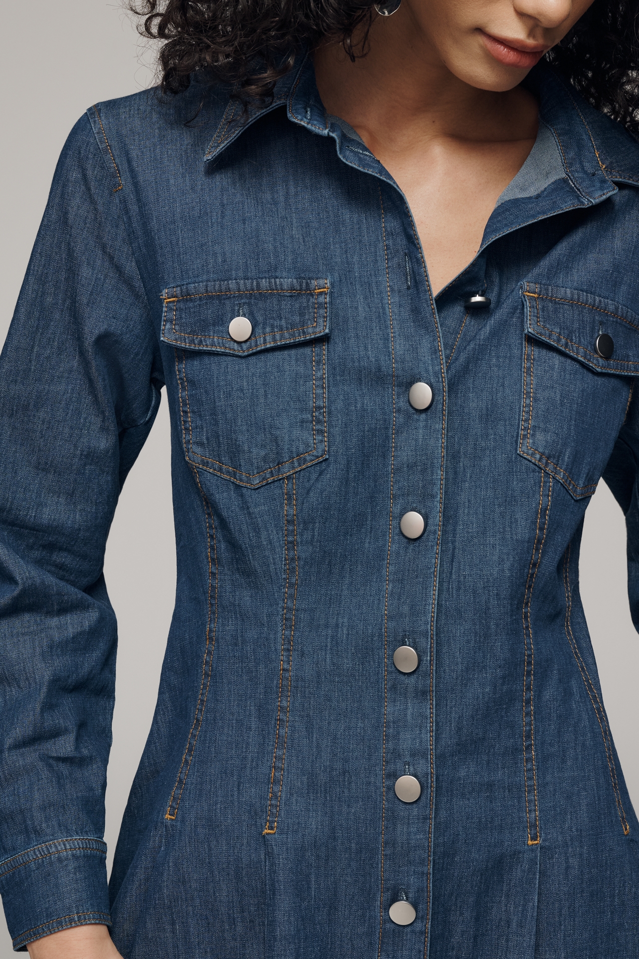 Exquise Long-Sleeve Waisted Denim Mini Shirt Dress
