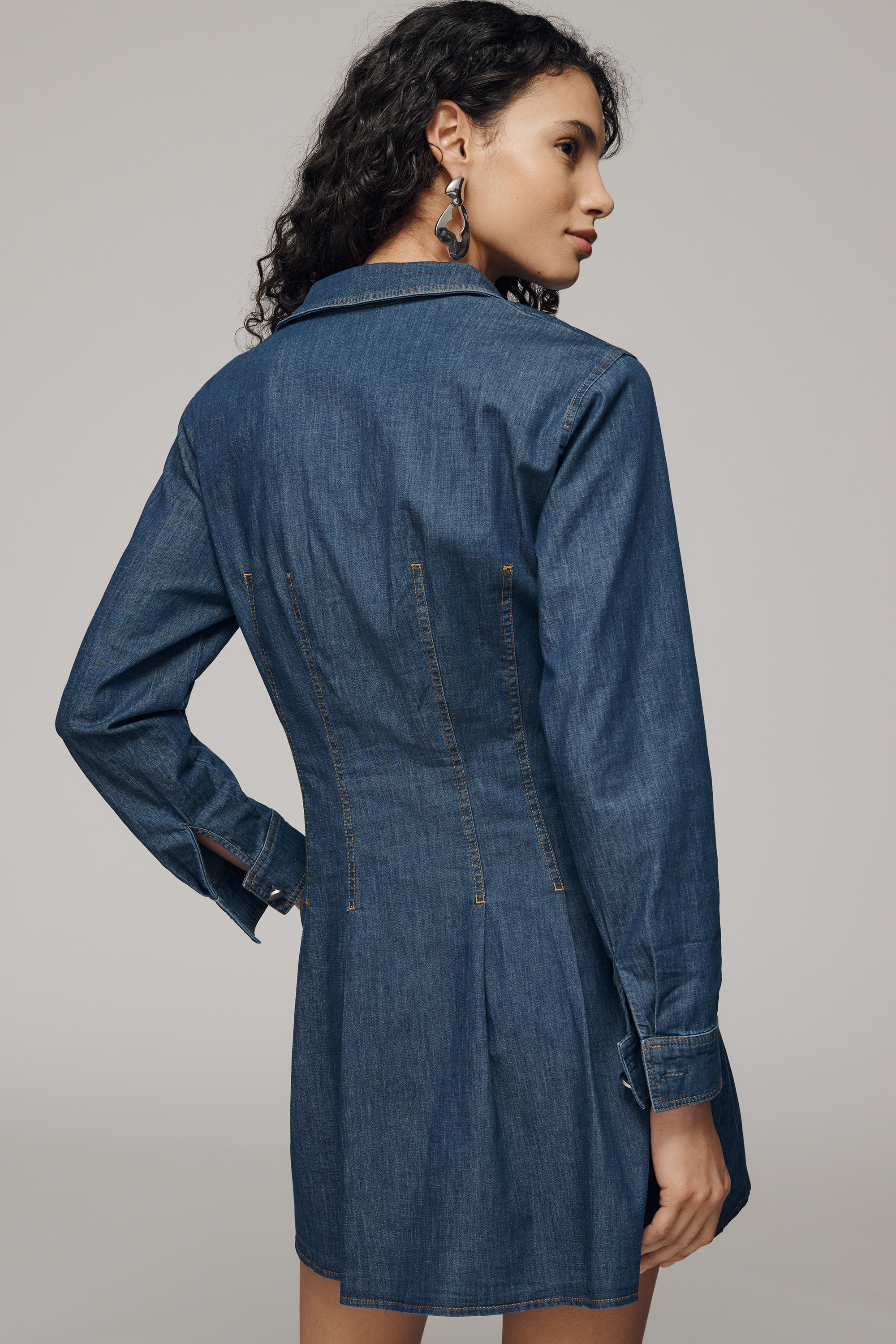 Long-Sleeve Waisted Denim Mini Shirtdress — Image 3
