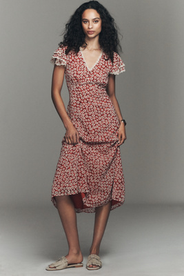 Exquise V-Neck Flutter-Sleeve Midi Dress