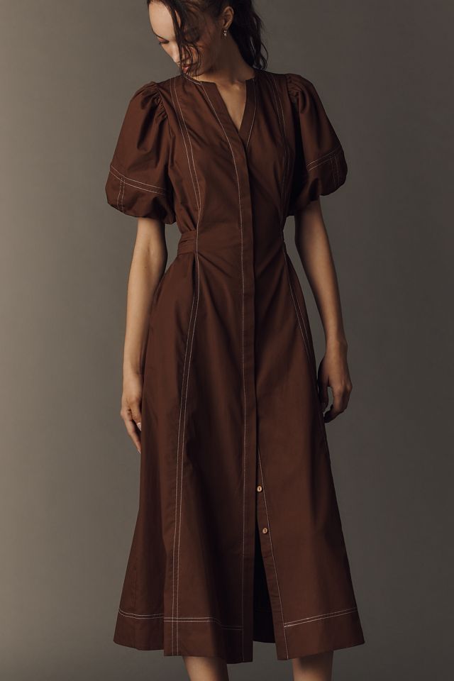 Exquise Stitched Puff-Sleeve Midi Dress #1