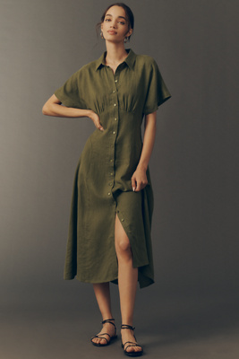 Exquise Raina Linen Short-Sleeve Midi Dress | Anthropologie