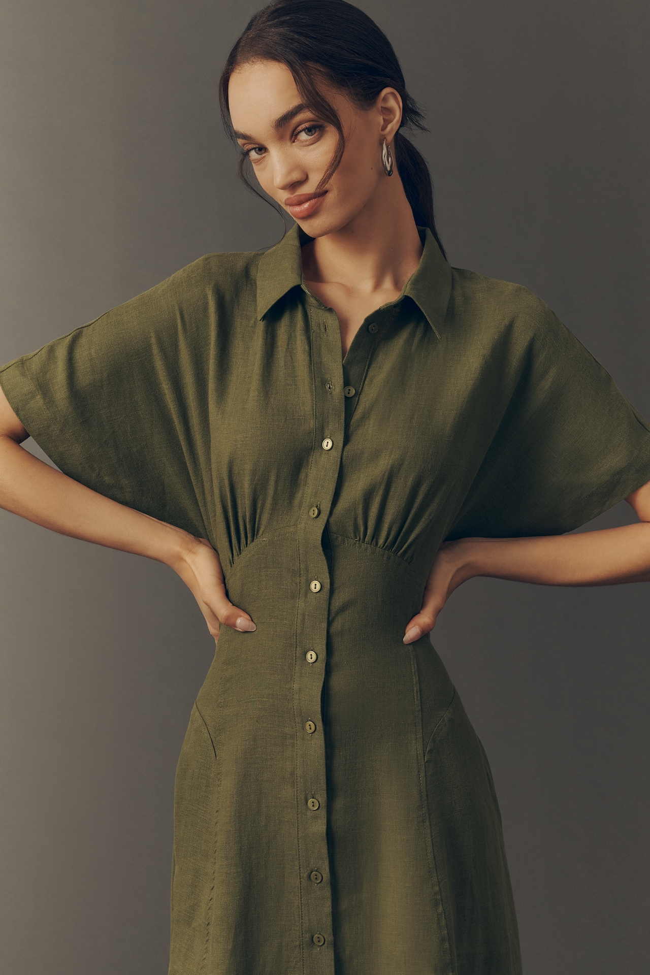 Exquise Raina Linen Short-Sleeve Midi Dress