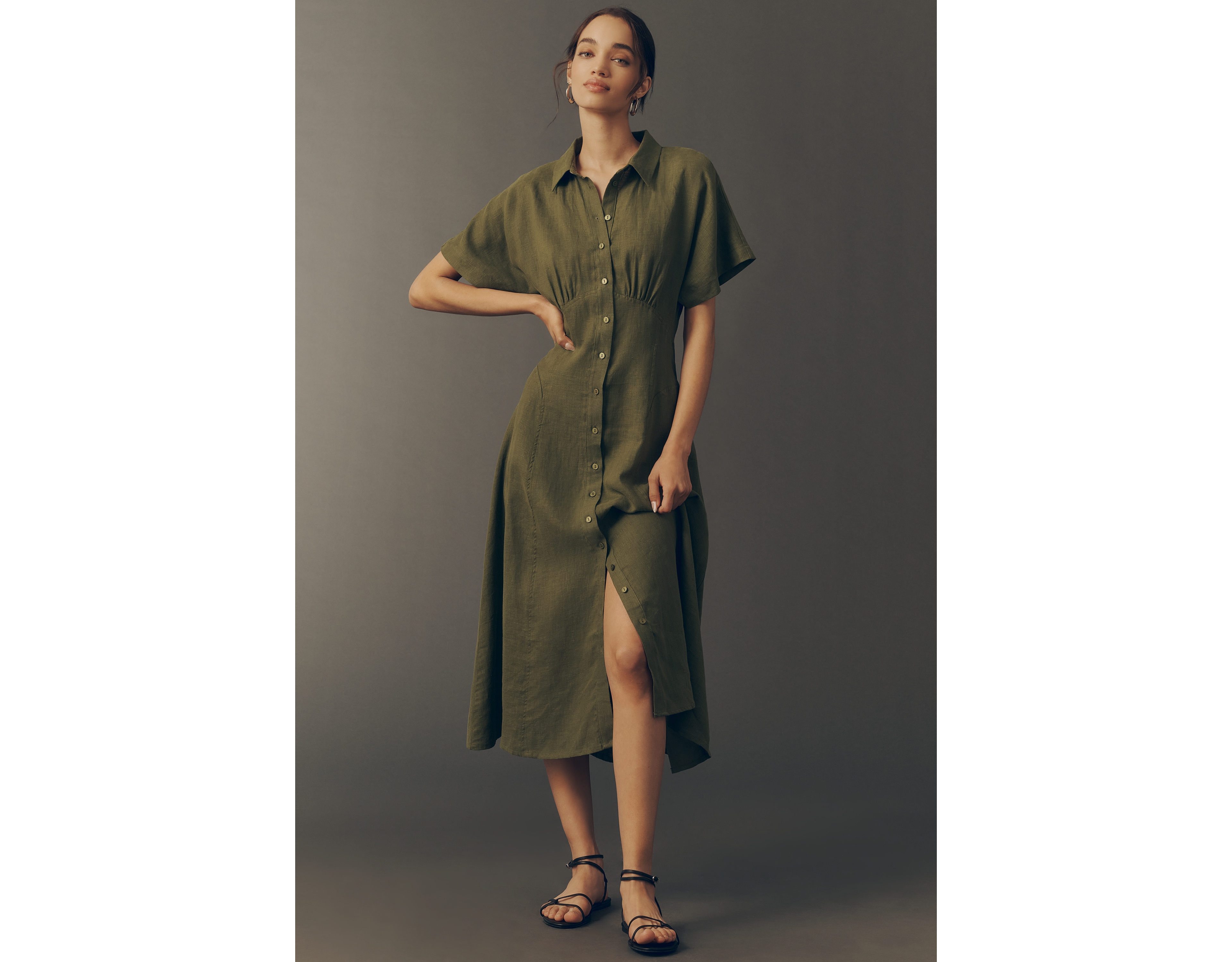 Exquise Raina Linen Short-Sleeve Midi Dress
