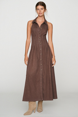 Exquise Tobie Sleeveless Denim Shirtdress In Brown