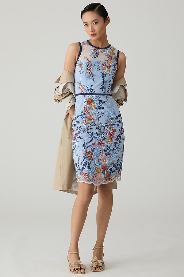 Dress The Population Embroidered Sleeveless Dress In Blue