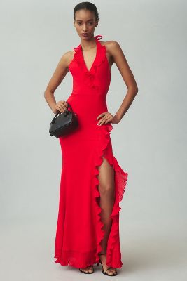 Dress The Population Halter Ruffled Maxi Dress In Red